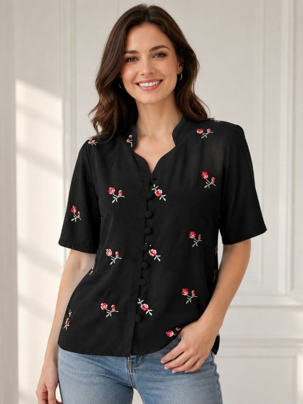 D.J. Summers Women’s Black Floral Embroidered Button Front Blouse Top Size 10 Vi